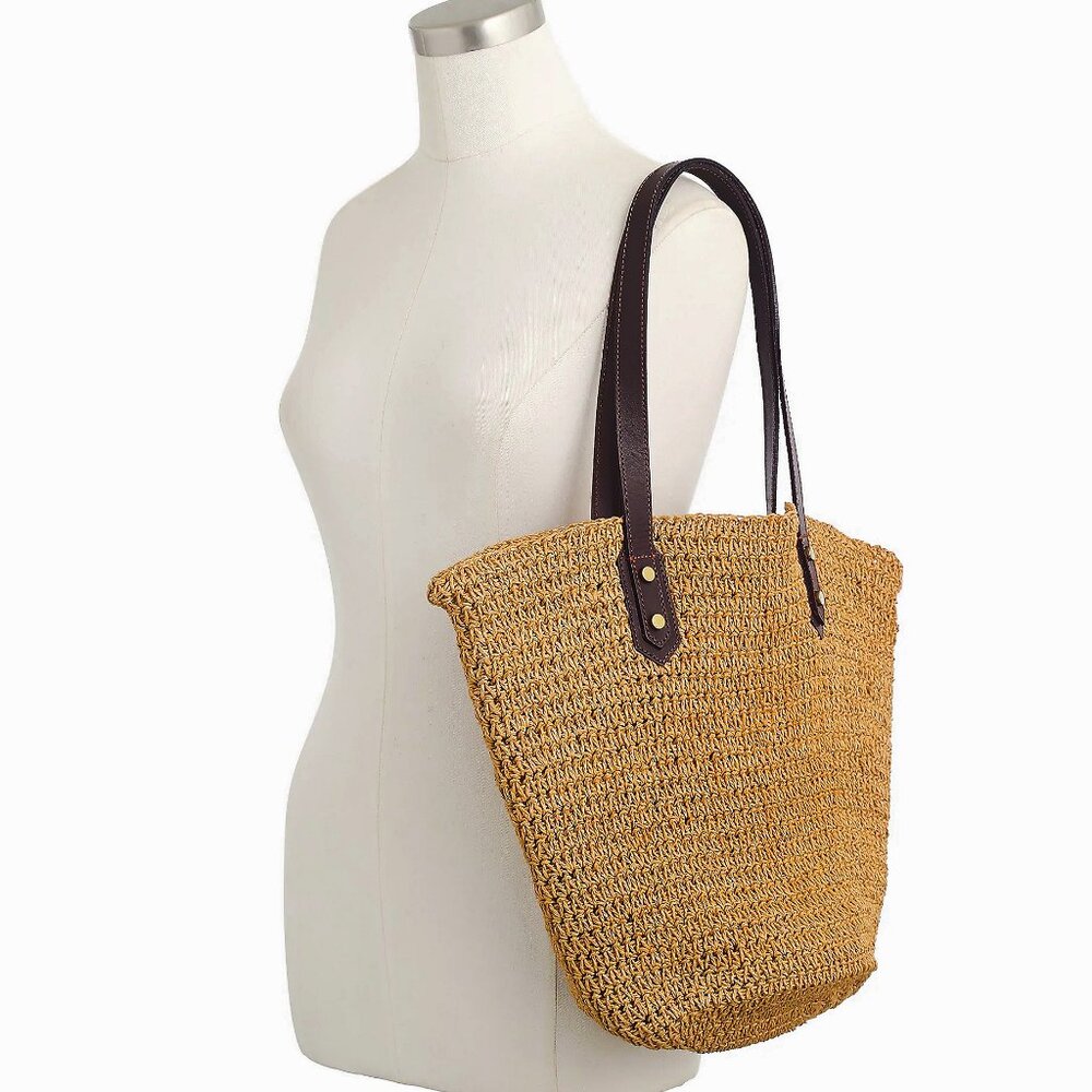 NWT J. Crew Woven Straw Market Tote Bag With Leather Handles and Gold Hardware - Picture 2 of 6